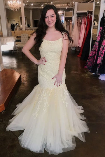 yellow long prom dresses, mermaid lace prom gowns, formal prom dresses for teens HZ1023